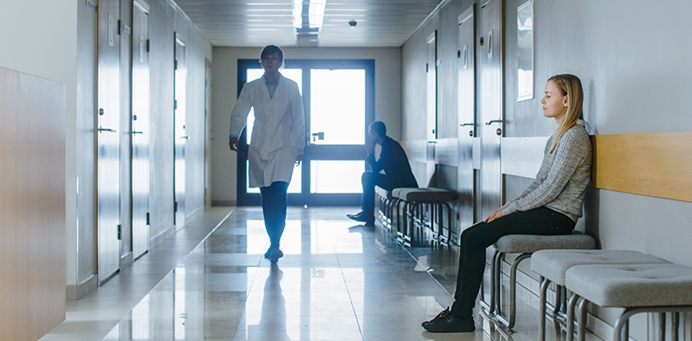 Interior waiting room in hospital hallway